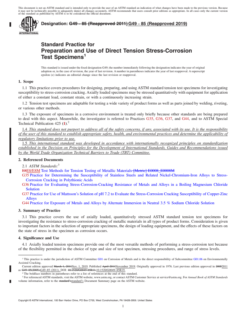 REDLINE ASTM G49-85(2019) - Standard Practice for Preparation and Use of Direct Tension Stress-Corrosion Test Specimens