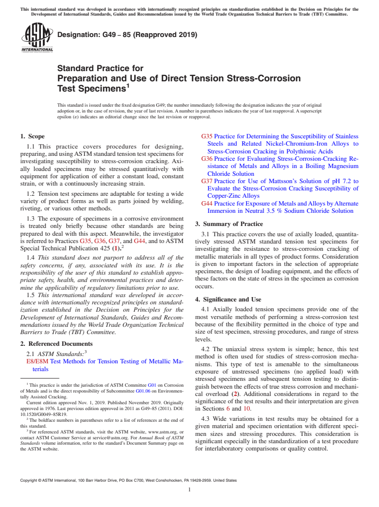 ASTM G49-85(2019) - Standard Practice for Preparation and Use of Direct Tension Stress-Corrosion Test Specimens