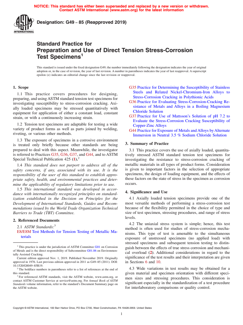 ASTM G49-85(2019) - Standard Practice for Preparation and Use of Direct Tension Stress-Corrosion Test Specimens