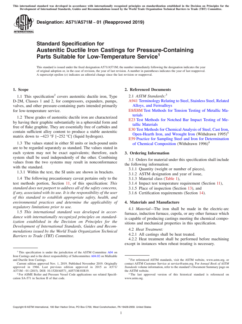 ASTM A571/A571M-01(2019) - Standard Specification for  Austenitic Ductile Iron Castings for Pressure-Containing Parts   Suitable for Low-Temperature Service