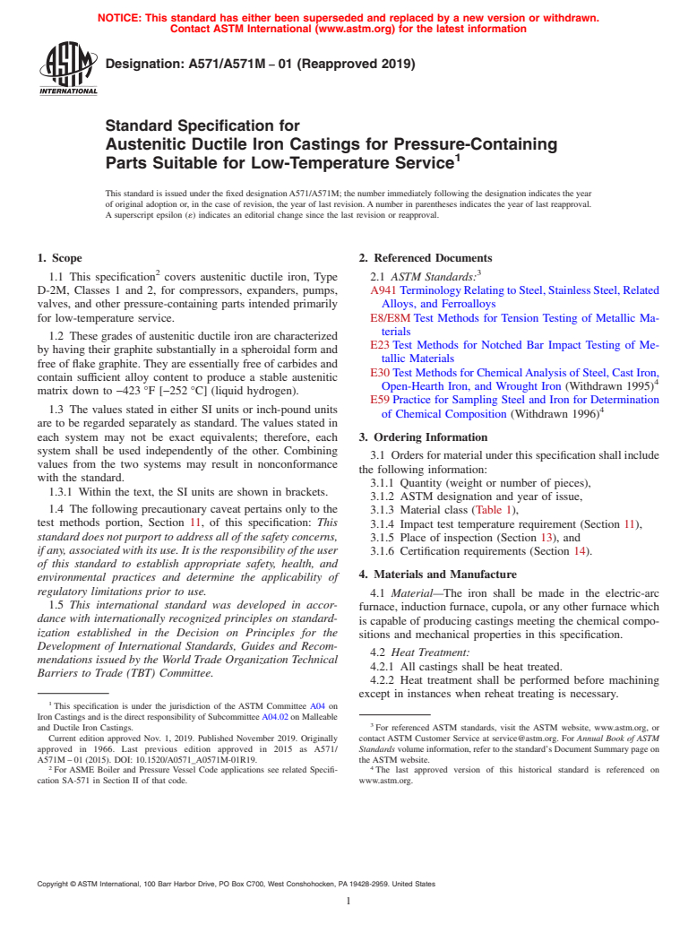 ASTM A571/A571M-01(2019) - Standard Specification for  Austenitic Ductile Iron Castings for Pressure-Containing Parts   Suitable for Low-Temperature Service