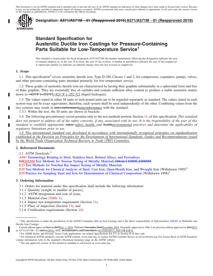 REDLINE ASTM A571/A571M-01(2019) - Standard Specification for  Austenitic Ductile Iron Castings for Pressure-Containing Parts   Suitable for Low-Temperature Service