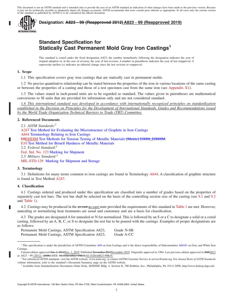 REDLINE ASTM A823-99(2019) - Standard Specification for  Statically Cast Permanent Mold Gray Iron Castings