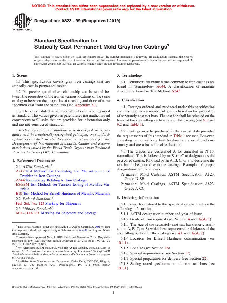 ASTM A823-99(2019) - Standard Specification for  Statically Cast Permanent Mold Gray Iron Castings