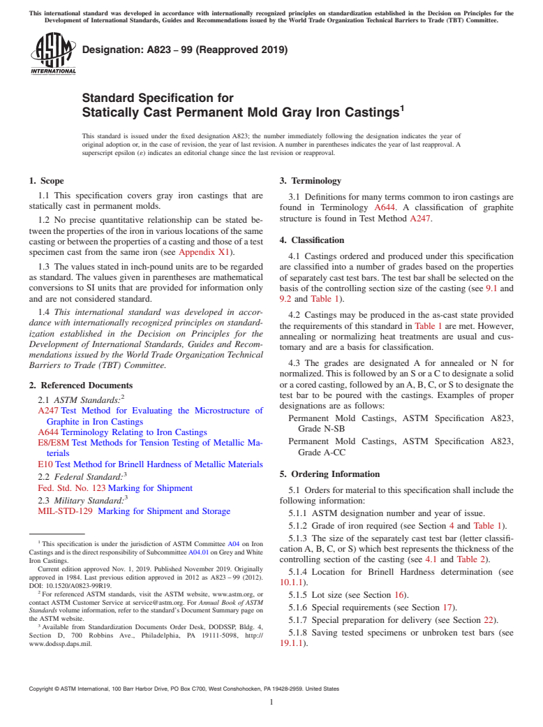 ASTM A823-99(2019) - Standard Specification for  Statically Cast Permanent Mold Gray Iron Castings