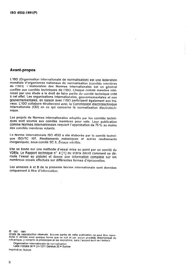 ISO 4532:1991 ISO 4532:1991 - Émaux vitrifiés -- Détermination de la résistance au choc des pieces émaillées -- Essai au pistolet - Page 2 preview