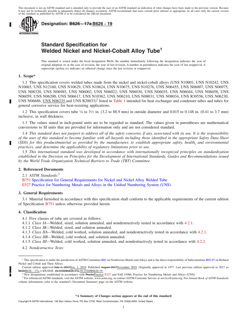 REDLINE ASTM B626-19 - Standard Specification for Welded Nickel and Nickel-Cobalt Alloy Tube