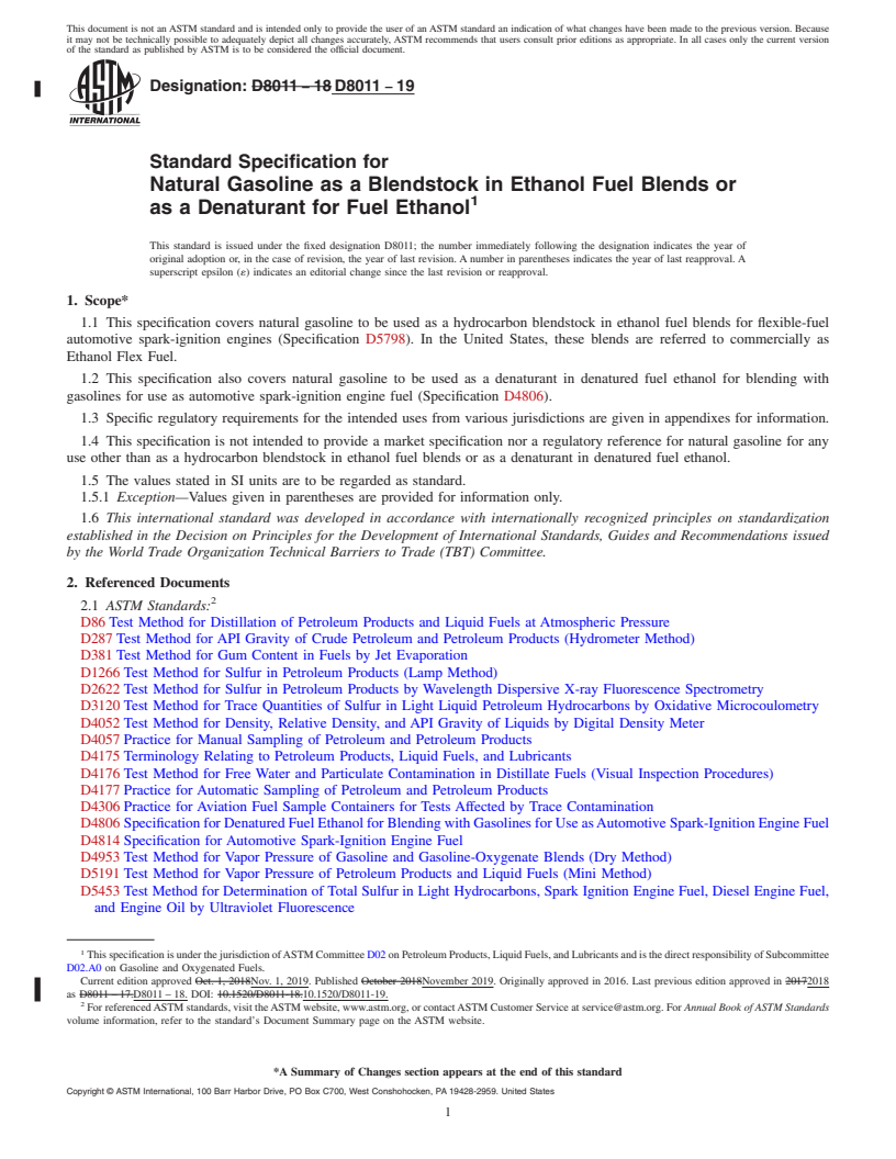 REDLINE ASTM D8011-19 - Standard Specification for Natural Gasoline as a Blendstock in Ethanol Fuel Blends or  as a Denaturant for Fuel Ethanol