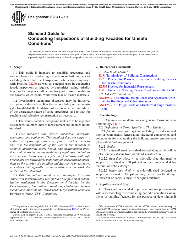 ASTM E2841-19 - Standard Guide for Conducting Inspections of Building Facades for Unsafe Conditions