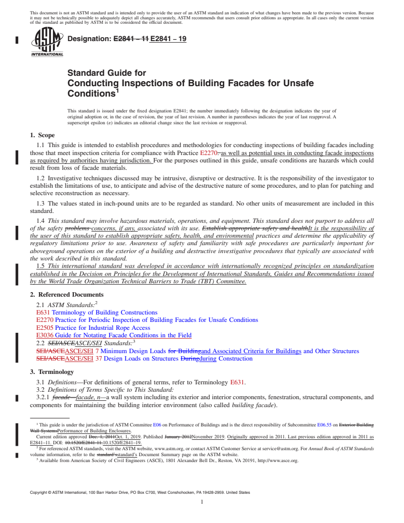 REDLINE ASTM E2841-19 - Standard Guide for Conducting Inspections of Building Facades for Unsafe Conditions