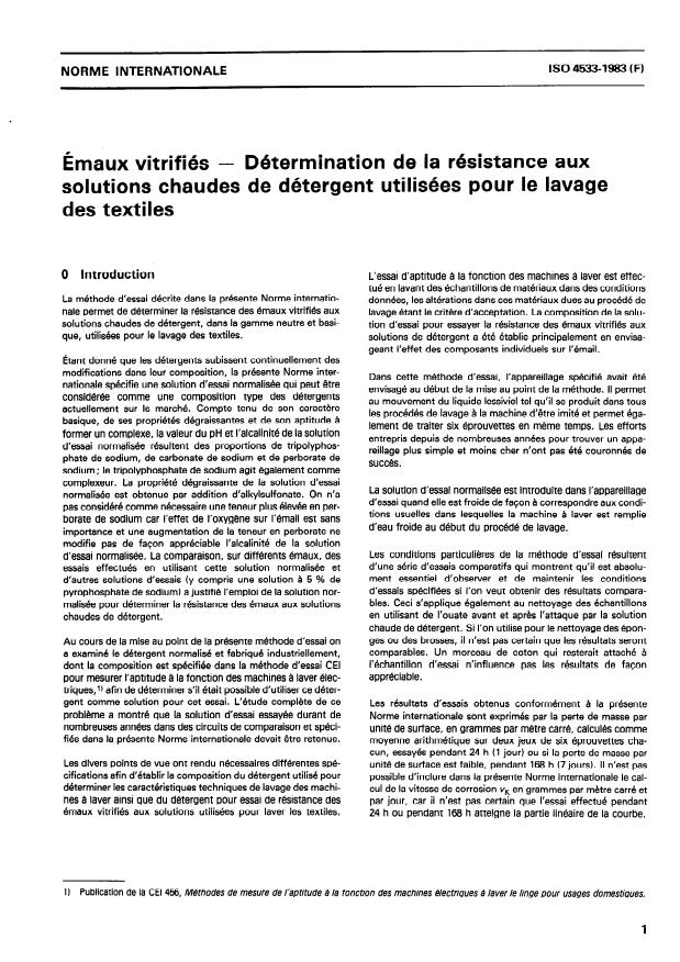 ISO 4533:1983 - Émaux vitrifiés -- Détermination de la résistance aux solutions chaudes de détergent utilisées pour le lavage des textiles