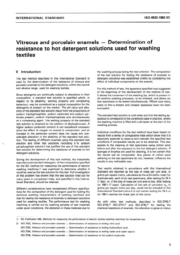 ISO 4533:1983 - Vitreous and porcelain enamels -- Determination of resistance to hot detergent solutions used for washing textiles