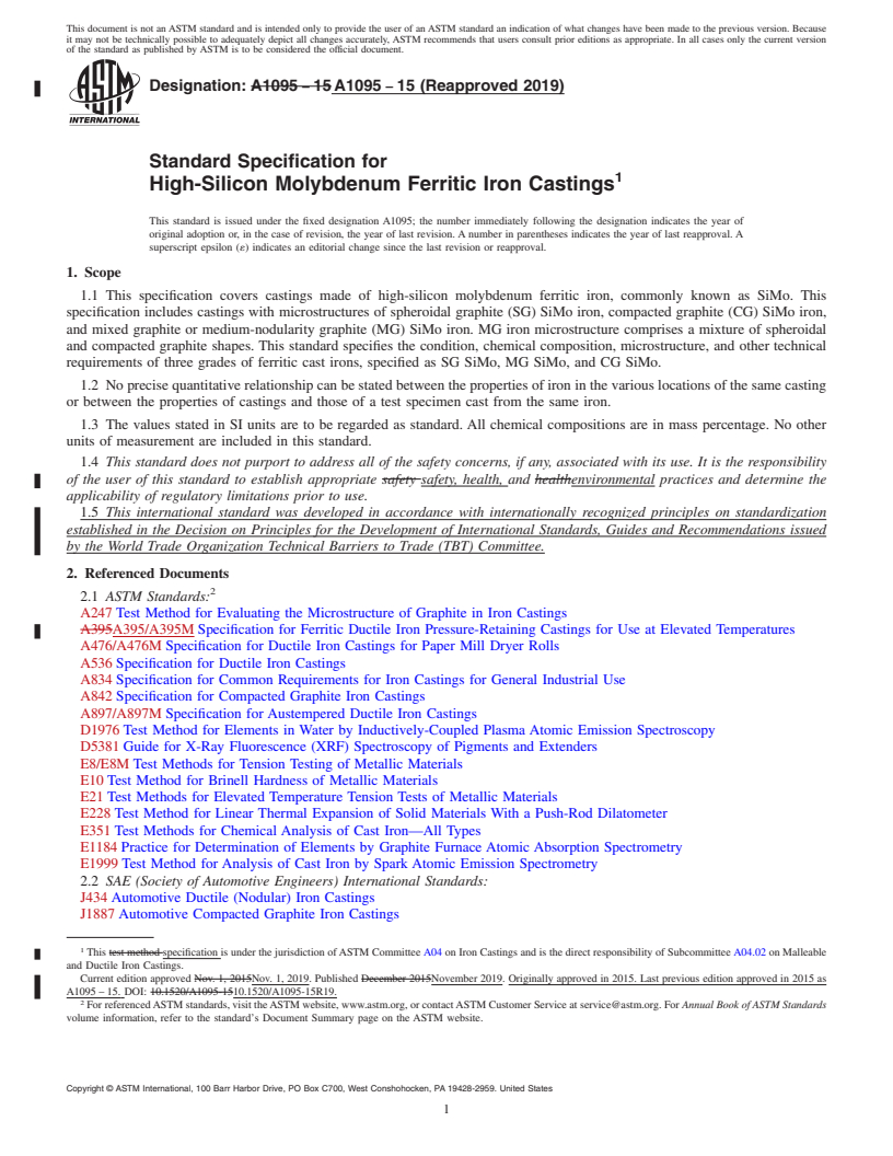 REDLINE ASTM A1095-15(2019) - Standard Specification for High-Silicon Molybdenum Ferritic Iron Castings