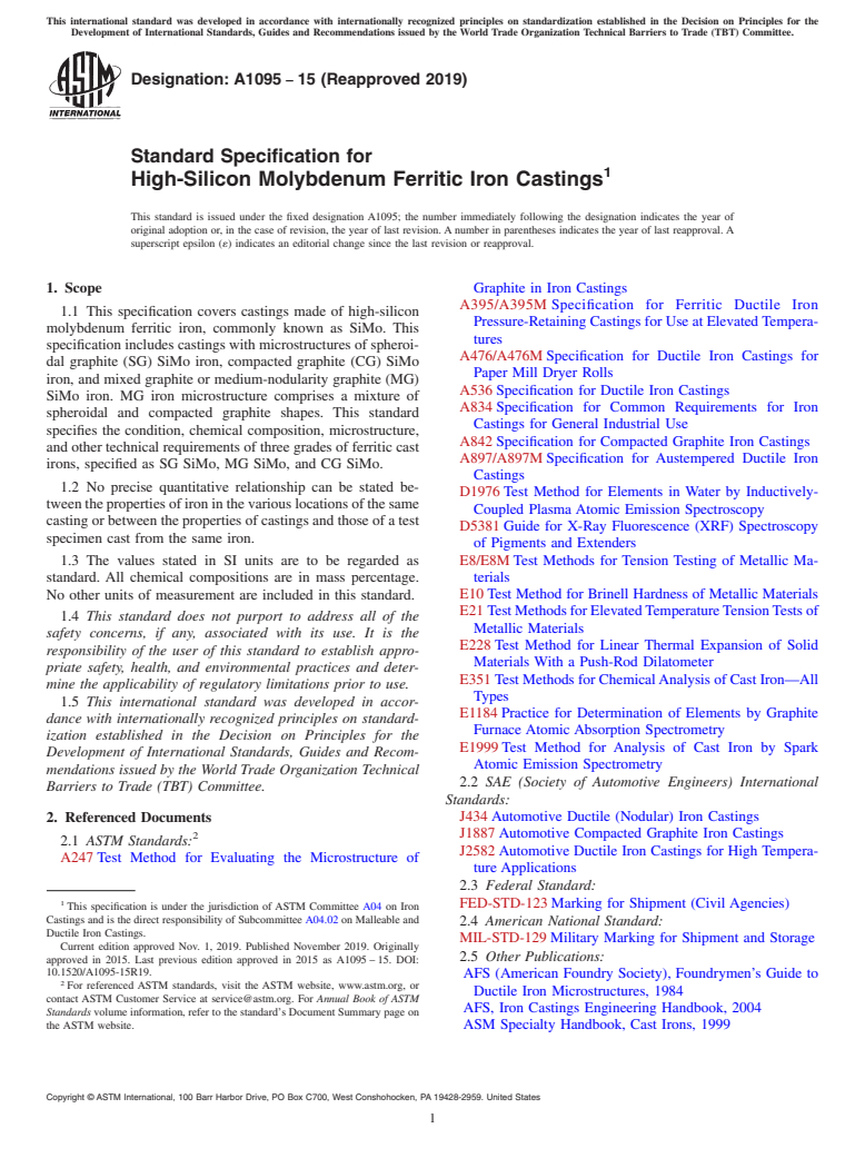ASTM A1095-15(2019) - Standard Specification for High-Silicon Molybdenum Ferritic Iron Castings
