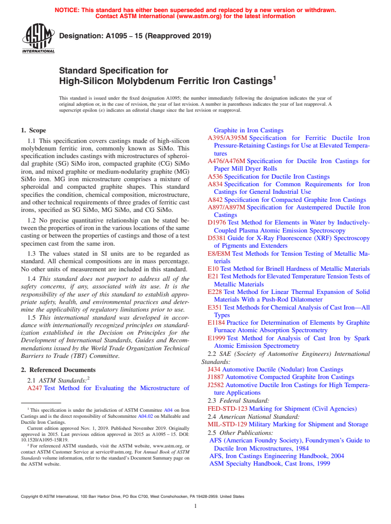 ASTM A1095-15(2019) - Standard Specification for High-Silicon Molybdenum Ferritic Iron Castings