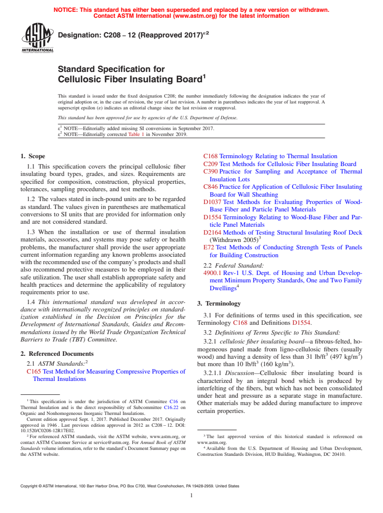 ASTM C208-12(2017)e2 - Standard Specification for  Cellulosic Fiber Insulating Board