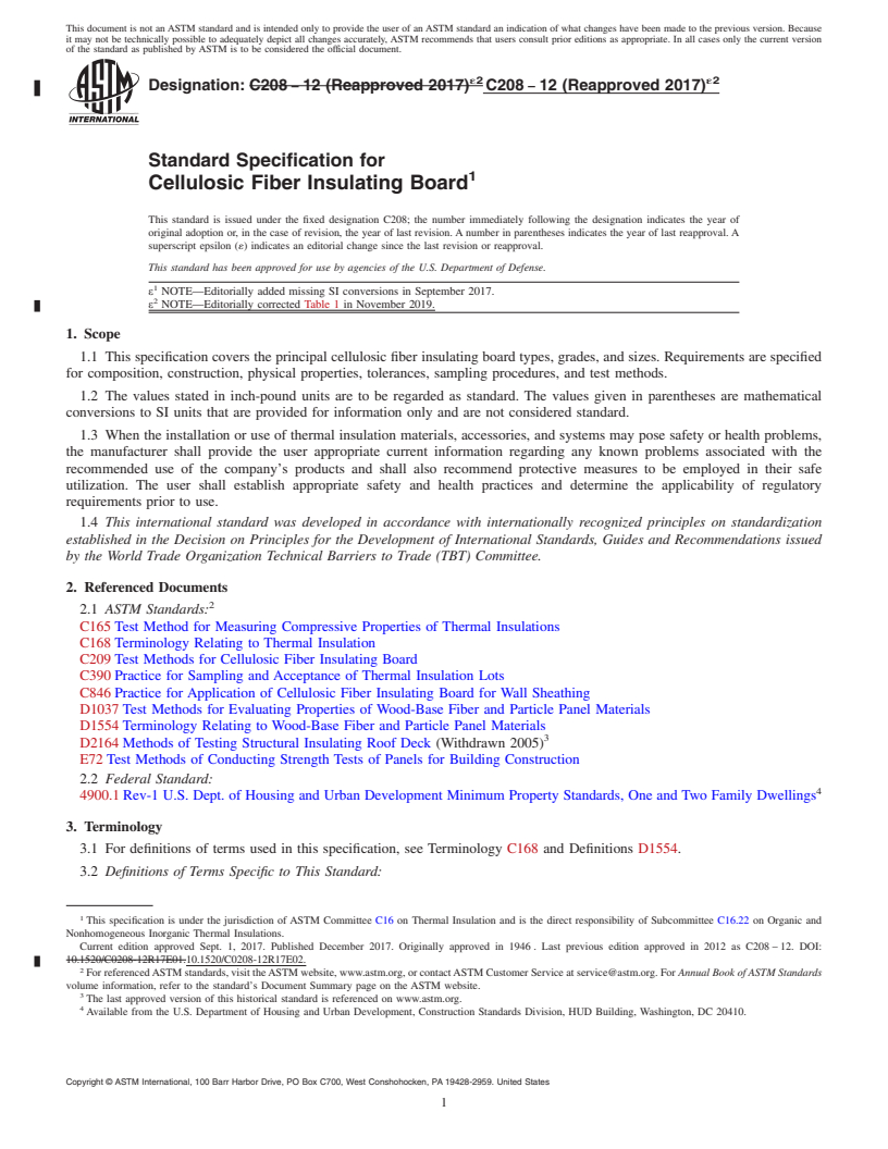 REDLINE ASTM C208-12(2017)e2 - Standard Specification for  Cellulosic Fiber Insulating Board