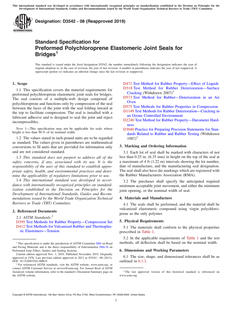 ASTM D3542-08(2019) - Standard Specification for  Preformed Polychloroprene Elastomeric Joint Seals for Bridges