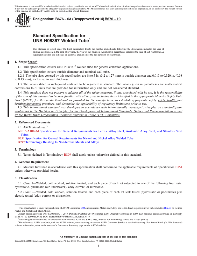 REDLINE ASTM B676-19 - Standard Specification for UNS N08367 Welded Tube