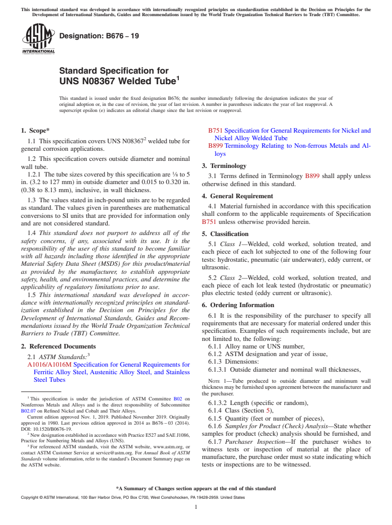 ASTM B676-19 - Standard Specification for UNS N08367 Welded Tube