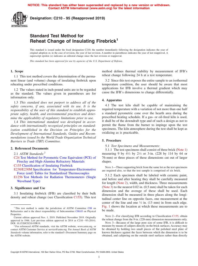 ASTM C210-95(2019) - Standard Test Method for Reheat Change of Insulating Firebrick