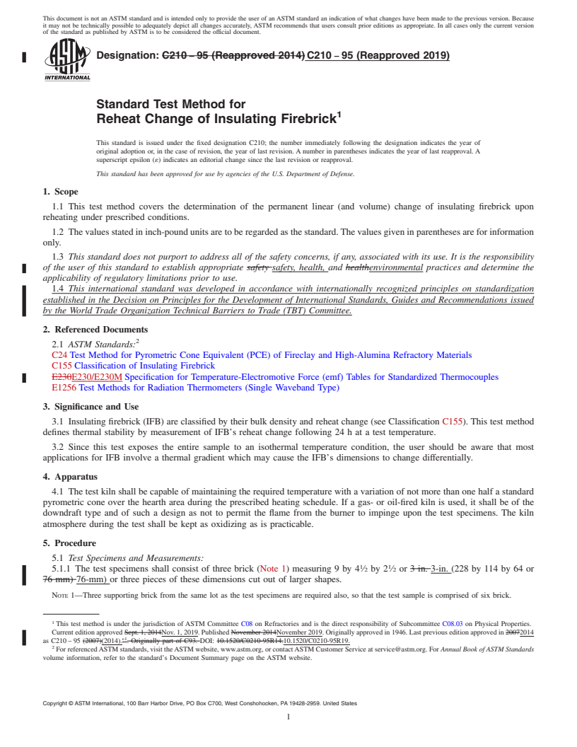 REDLINE ASTM C210-95(2019) - Standard Test Method for Reheat Change of Insulating Firebrick