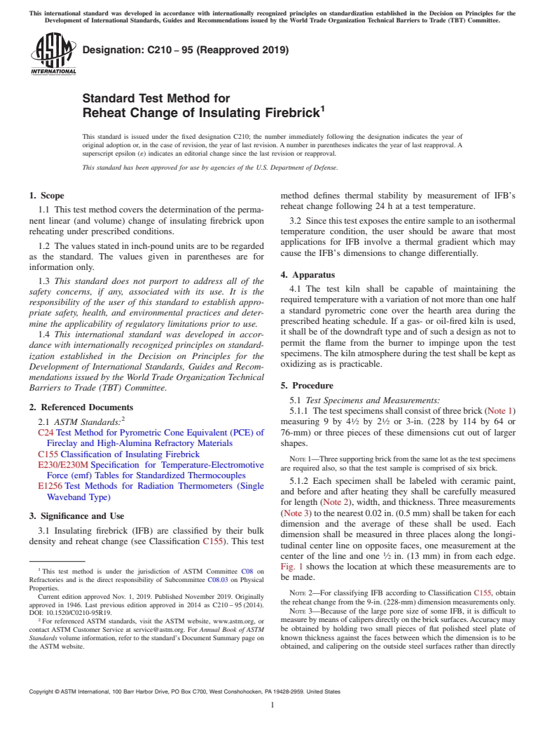 ASTM C210-95(2019) - Standard Test Method for Reheat Change of Insulating Firebrick