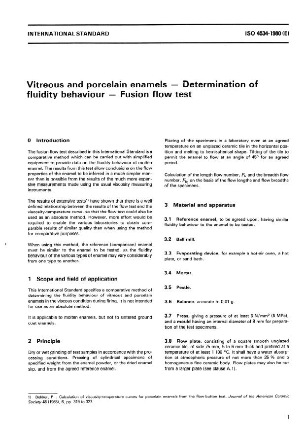 ISO 4534:1980 - Vitreous and porcelain enamels -- Determination of fluidity behaviour -- Fusion flow test