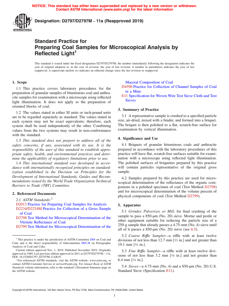 ASTM D2797/D2797M-11a(2019) - Standard Practice for  Preparing Coal Samples for Microscopical Analysis by Reflected  Light