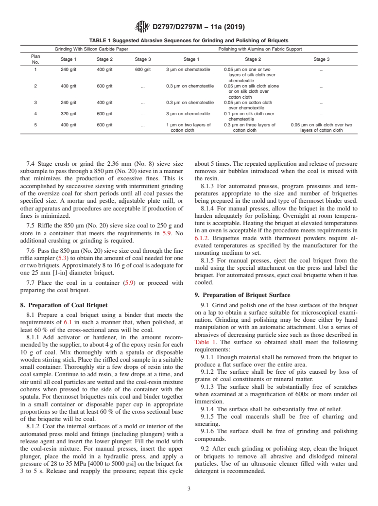 ASTM D2797/D2797M-11a(2019) - Standard Practice for  Preparing Coal Samples for Microscopical Analysis by Reflected  Light