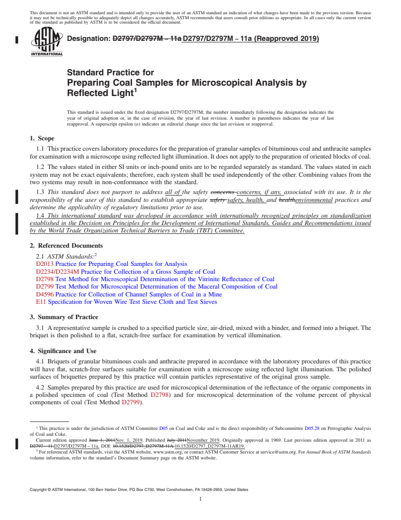 REDLINE ASTM D2797/D2797M-11a(2019) - Standard Practice for  Preparing Coal Samples for Microscopical Analysis by Reflected  Light