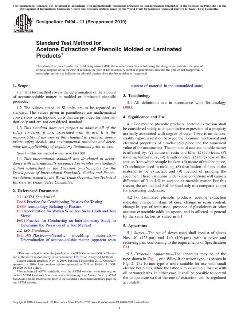 ASTM D494-11(2019) - Standard Test Method for Acetone Extraction of Phenolic Molded or Laminated Products