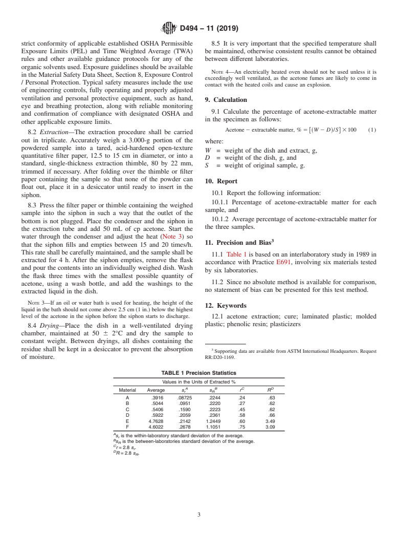 ASTM D494-11(2019) - Standard Test Method for Acetone Extraction of Phenolic Molded or Laminated Products