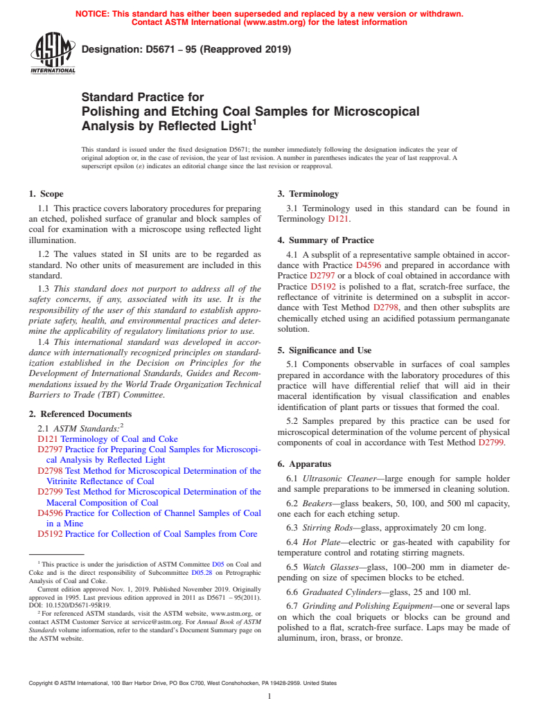 ASTM D5671-95(2019) - Standard Practice for  Polishing and Etching Coal Samples for Microscopical Analysis  by Reflected Light