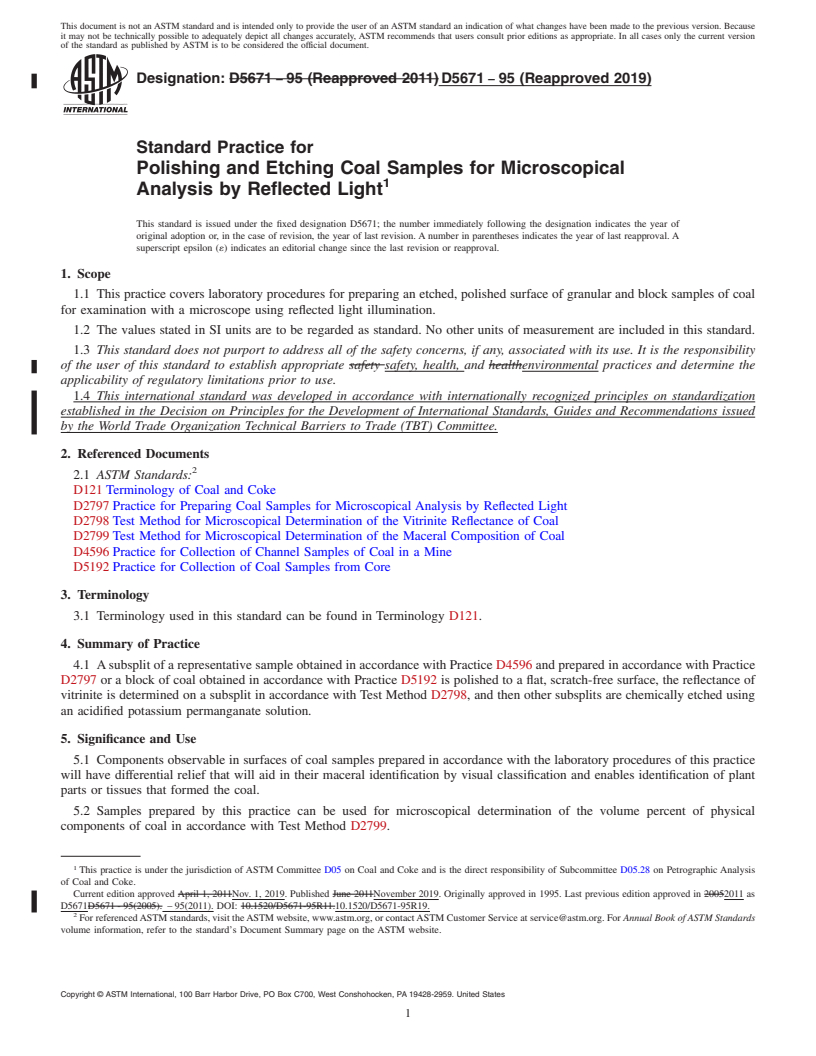 REDLINE ASTM D5671-95(2019) - Standard Practice for  Polishing and Etching Coal Samples for Microscopical Analysis  by Reflected Light