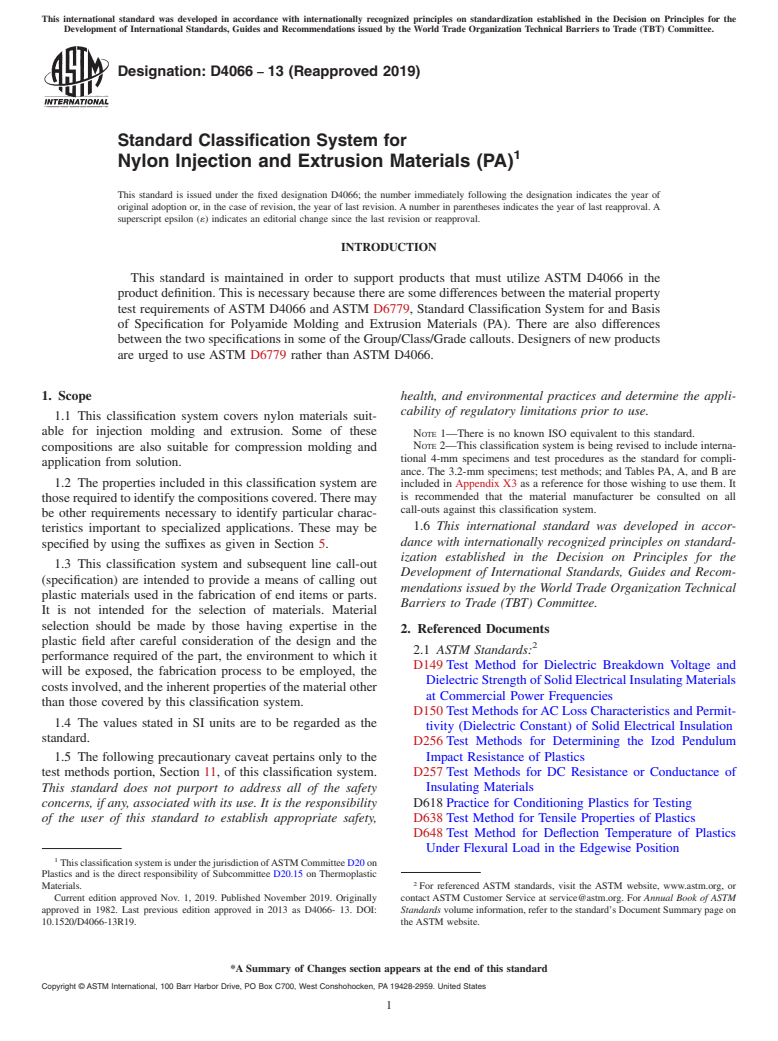 ASTM D4066-13(2019) - Standard Classification System for  Nylon Injection and Extrusion Materials (PA)