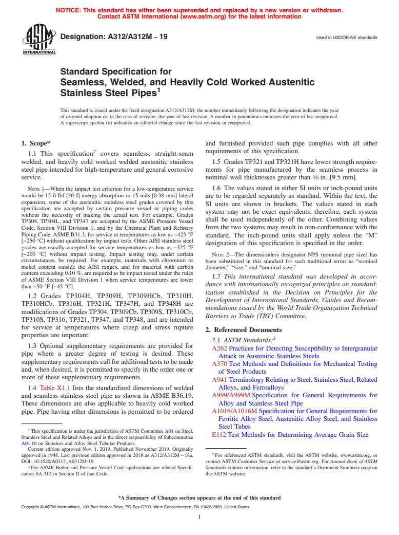 ASTM A312/A312M-19 - Standard Specification for  Seamless, Welded, and Heavily Cold Worked Austenitic Stainless  Steel Pipes