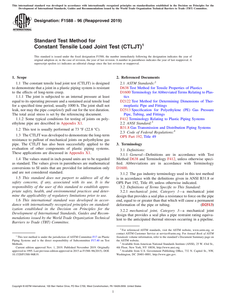 ASTM F1588-96(2019) - Standard Test Method for Constant Tensile Load Joint Test (CTLJT)