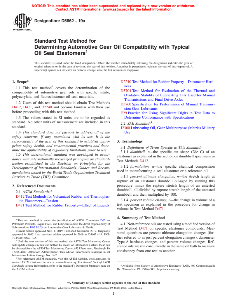 ASTM D5662-19a - Standard Test Method for Determining Automotive Gear Oil Compatibility with Typical  Oil Seal Elastomers