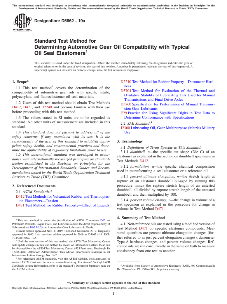 ASTM D5662-19a - Standard Test Method for Determining Automotive Gear Oil Compatibility with Typical  Oil Seal Elastomers