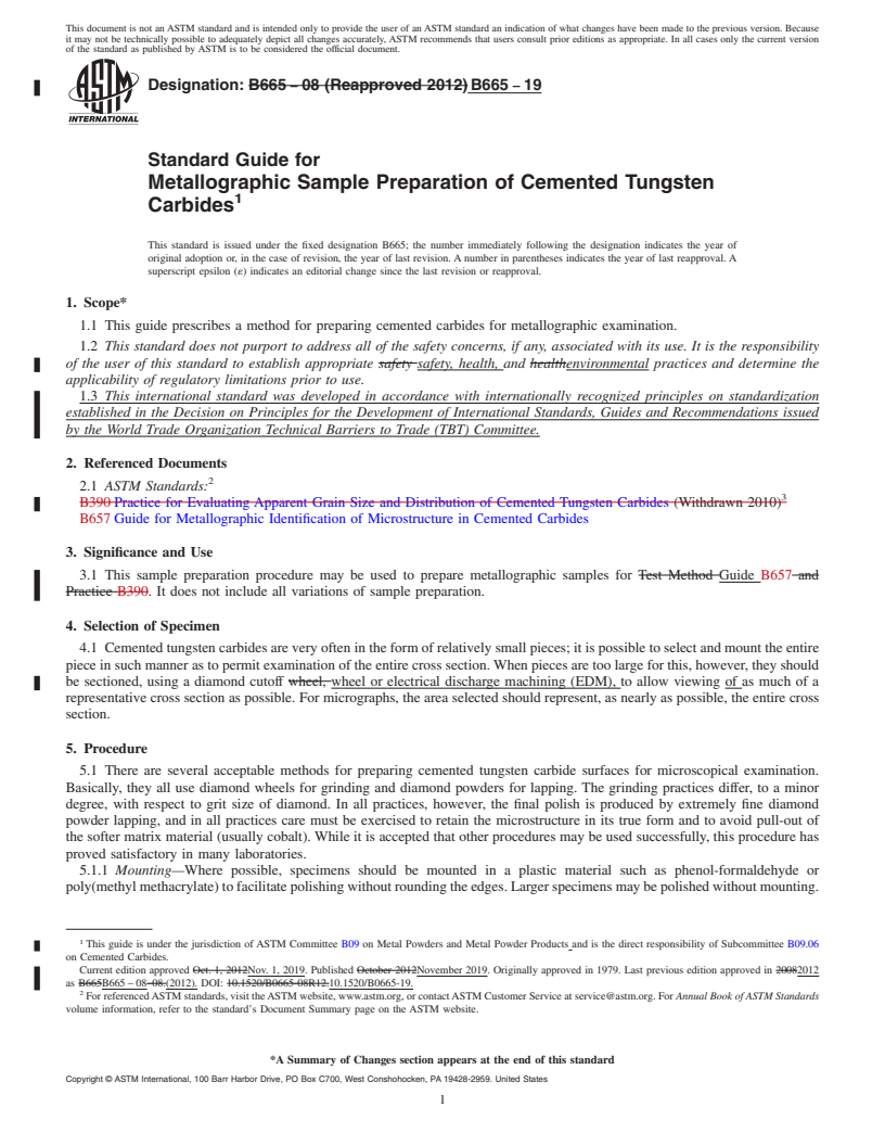 REDLINE ASTM B665-19 - Standard Guide for  Metallographic Sample Preparation of Cemented Tungsten Carbides