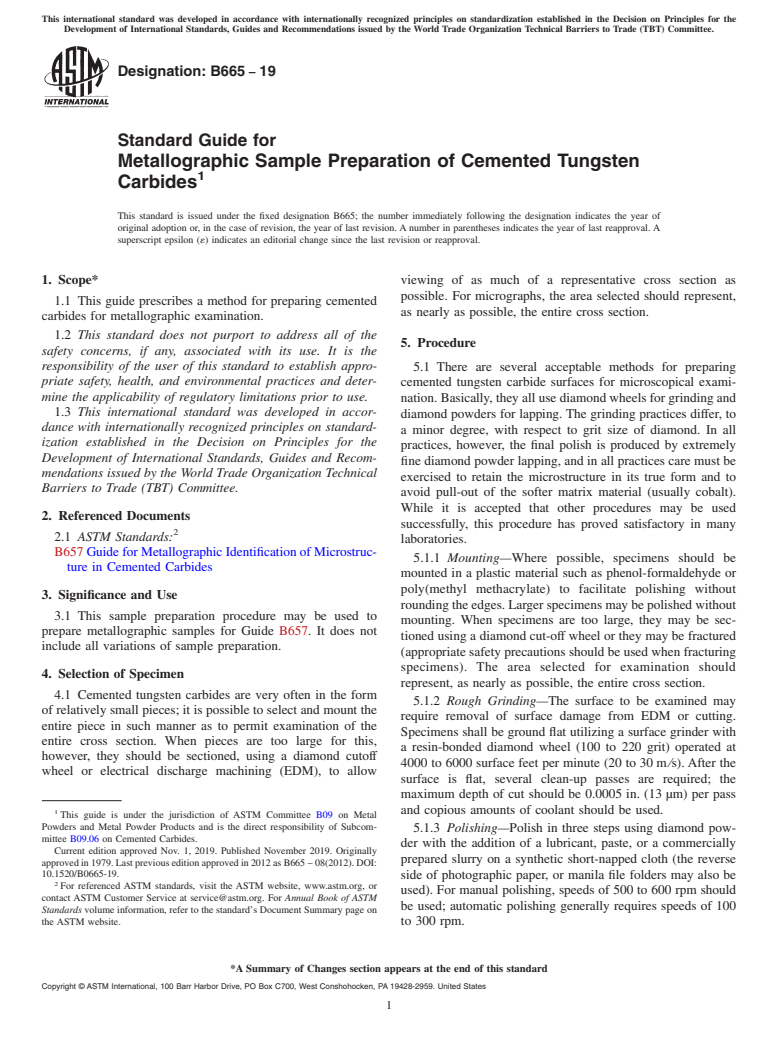 ASTM B665-19 - Standard Guide for  Metallographic Sample Preparation of Cemented Tungsten Carbides