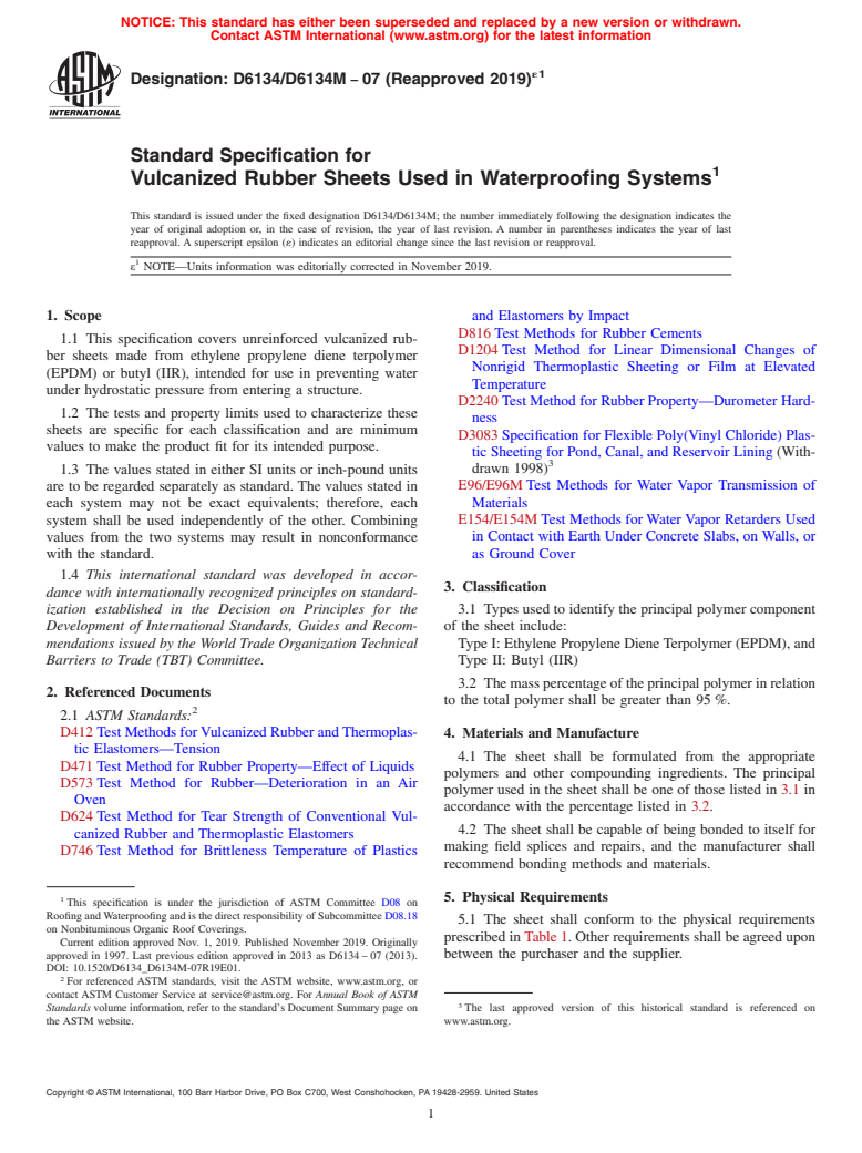 ASTM D6134/D6134M-07(2019)e1 - Standard Specification for  Vulcanized Rubber Sheets Used in Waterproofing Systems