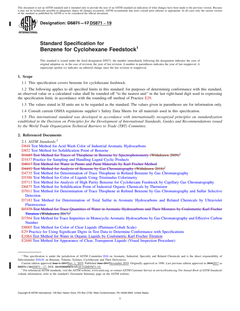 REDLINE ASTM D5871-19 - Standard Specification for  Benzene for Cyclohexane Feedstock