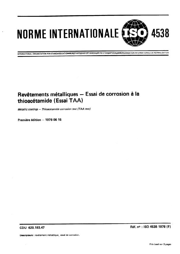 ISO 4538:1978 - Revetements métalliques -- Essai de corrosion a la thioacétamide (Essai TAA)