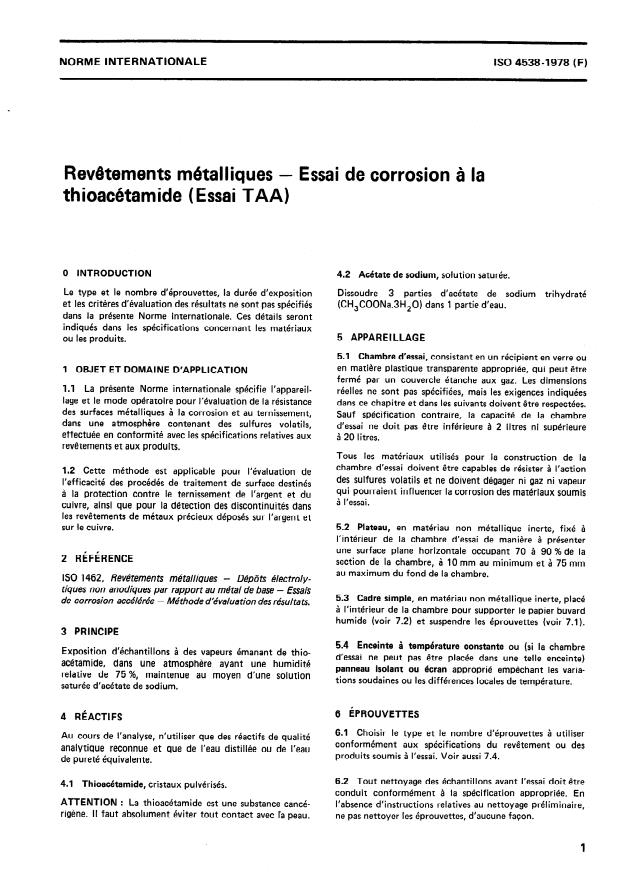 ISO 4538:1978 - Revetements métalliques -- Essai de corrosion a la thioacétamide (Essai TAA)