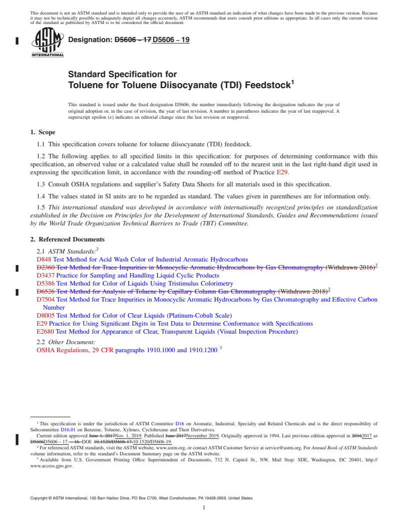 REDLINE ASTM D5606-19 - Standard Specification for  Toluene for Toluene Diisocyanate (TDI) Feedstock