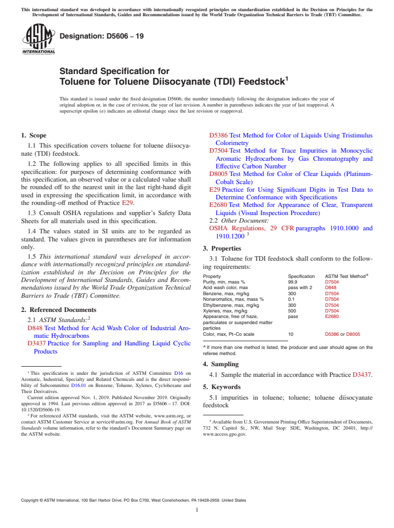 ASTM D5606-19 - Standard Specification for  Toluene for Toluene Diisocyanate (TDI) Feedstock