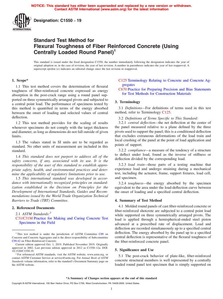ASTM C1550-19 - Standard Test Method for  Flexural Toughness of Fiber Reinforced Concrete (Using Centrally  Loaded Round Panel)