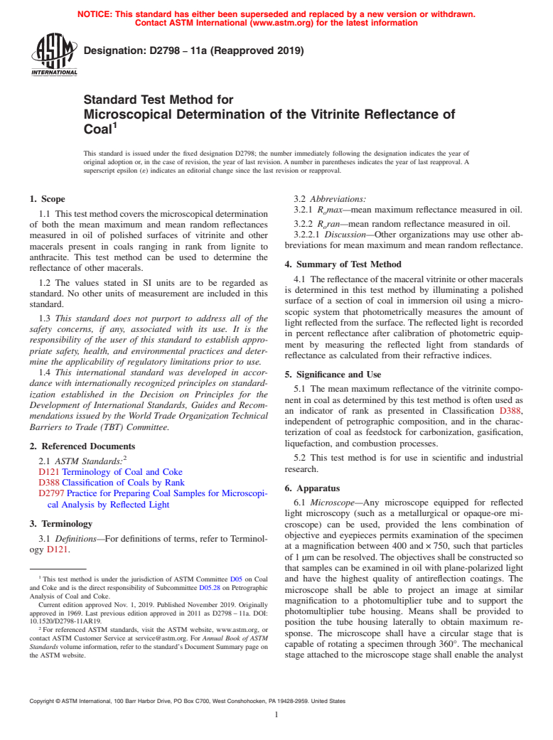 ASTM D2798-11a(2019) - Standard Test Method for  Microscopical Determination of the Vitrinite Reflectance of Coal